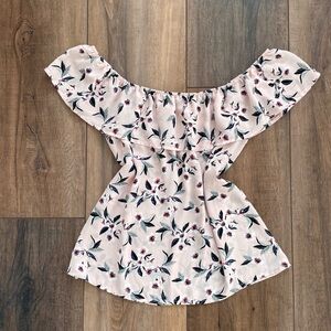 Lily White Womens Small Top Pink Ruffle Off shoulder Floral Feminine Coquette